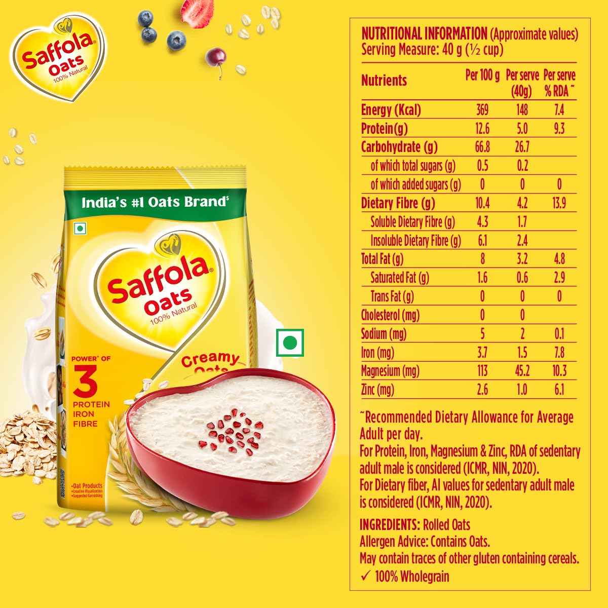 Saffola Rolled Oats, 1 Kg + 300g Free