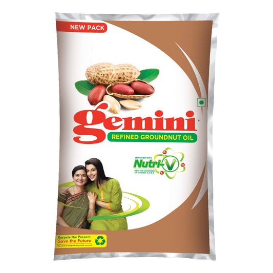 Gemini Refined Groundnut Oil Pouch, 1 Litre